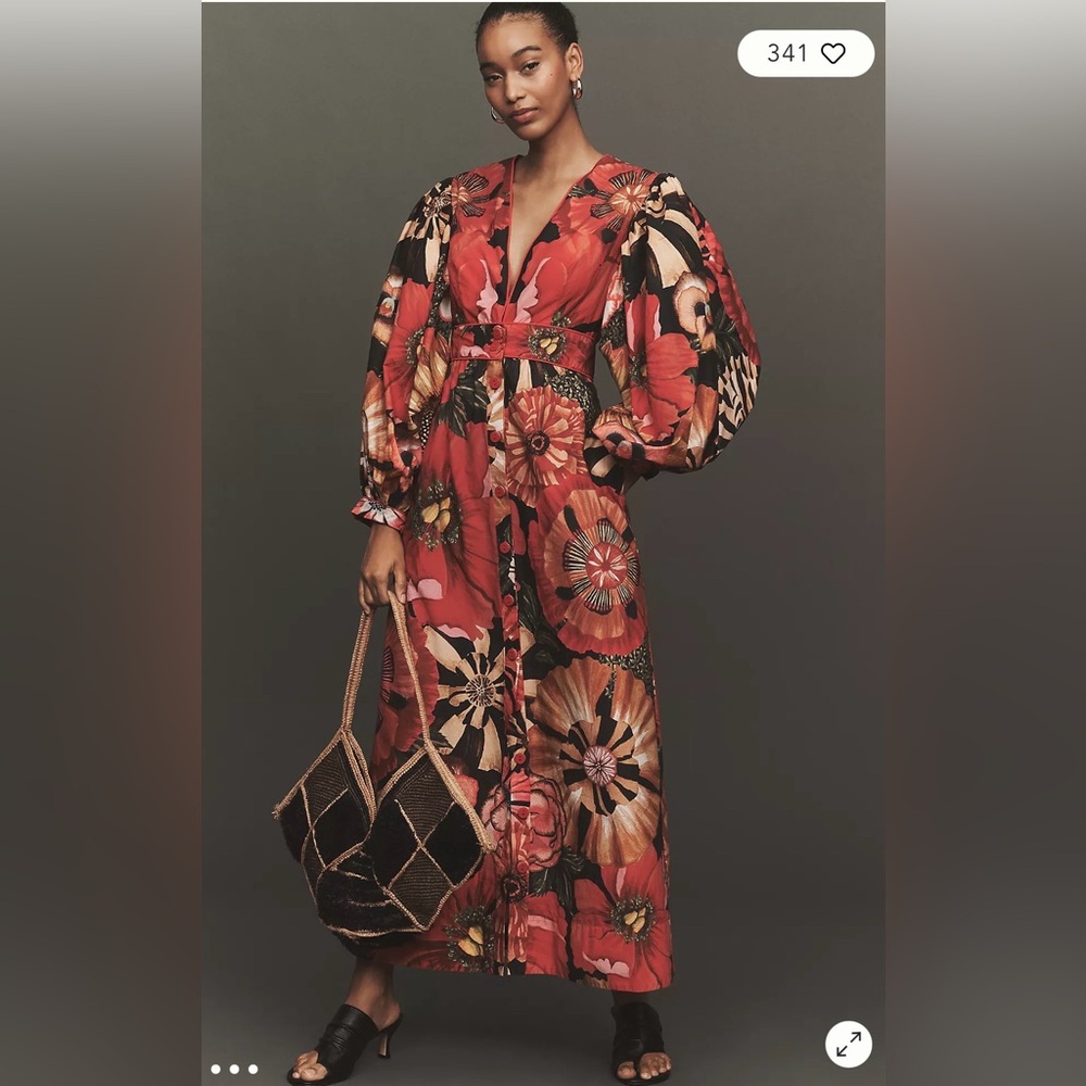 Farm Rio Flowershop Puff-Sleeve buttoned Bohemian Feminine Maxi Dress size Large